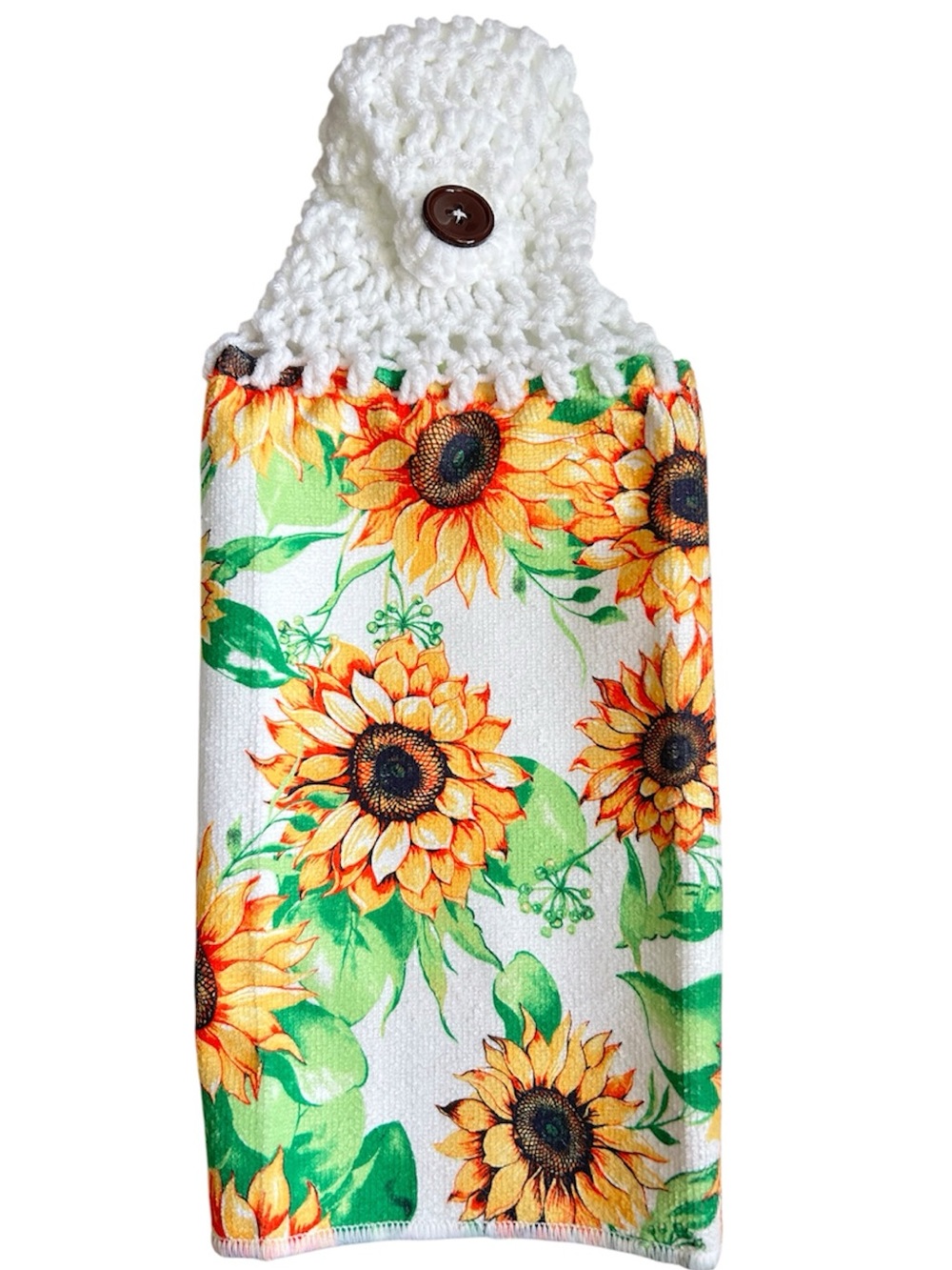 Hand Crafted Sunflower Hanging Kitchen Hand Towel - White, Yellow, Green